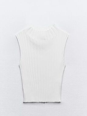 Zara White Sleeveless Ribbed Mock-Neck Tank
